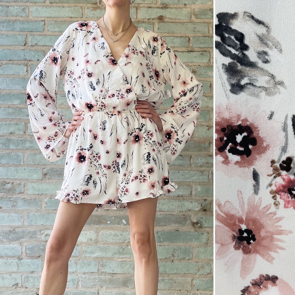 Sage Floral Romper Cream Surplice Wrap Bell Sleeve Ruffle Hem Stretch NWT
